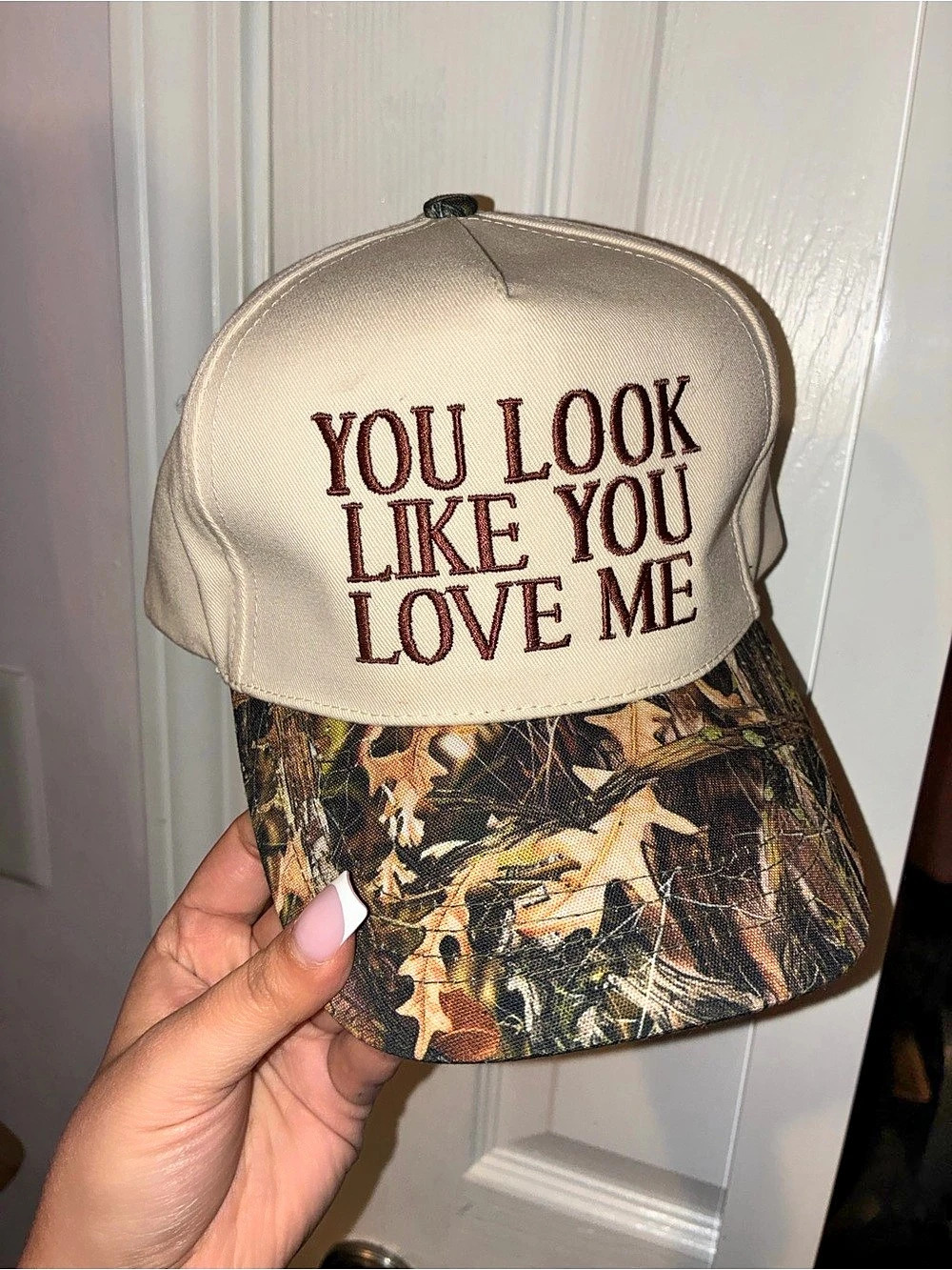You Look Like You Love Me Camo Trucker Hat Cream & Brown
